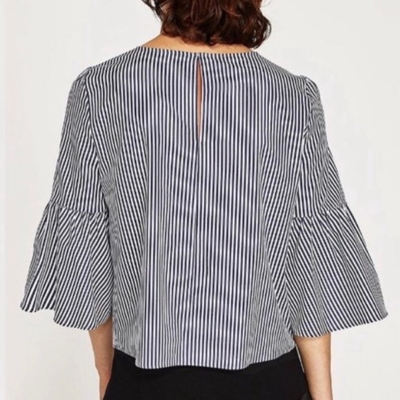 Philosophy Navy Striped Bell Sleeve Blouse With Pearls M - Picture 2 of 8